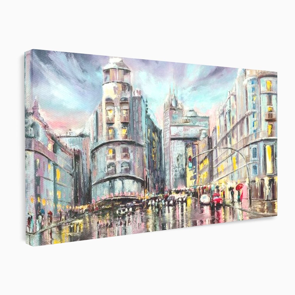 Tablou canvas cu pictura urbana cu strada ploioasa, fara rama, pe sasiu de lemn