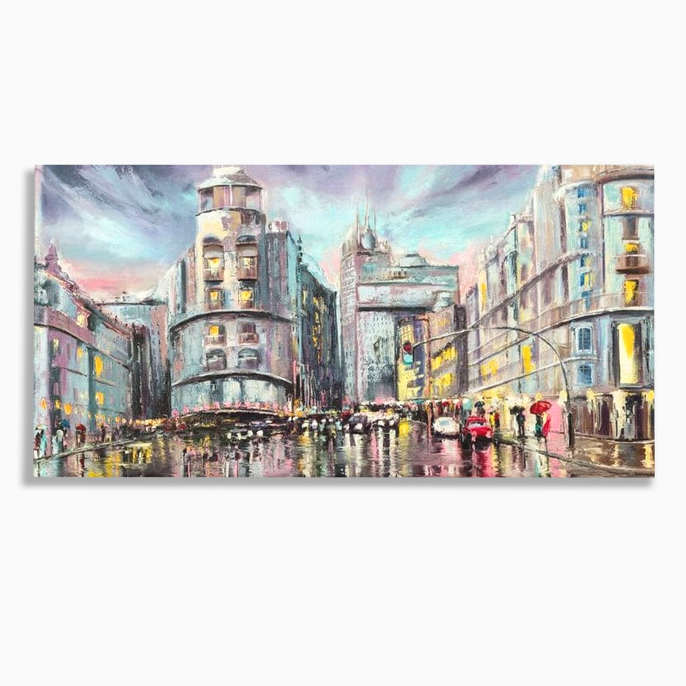 Tablou canvas cu pictura urbana cu strada ploioasa, fara rama, pe sasiu de lemn