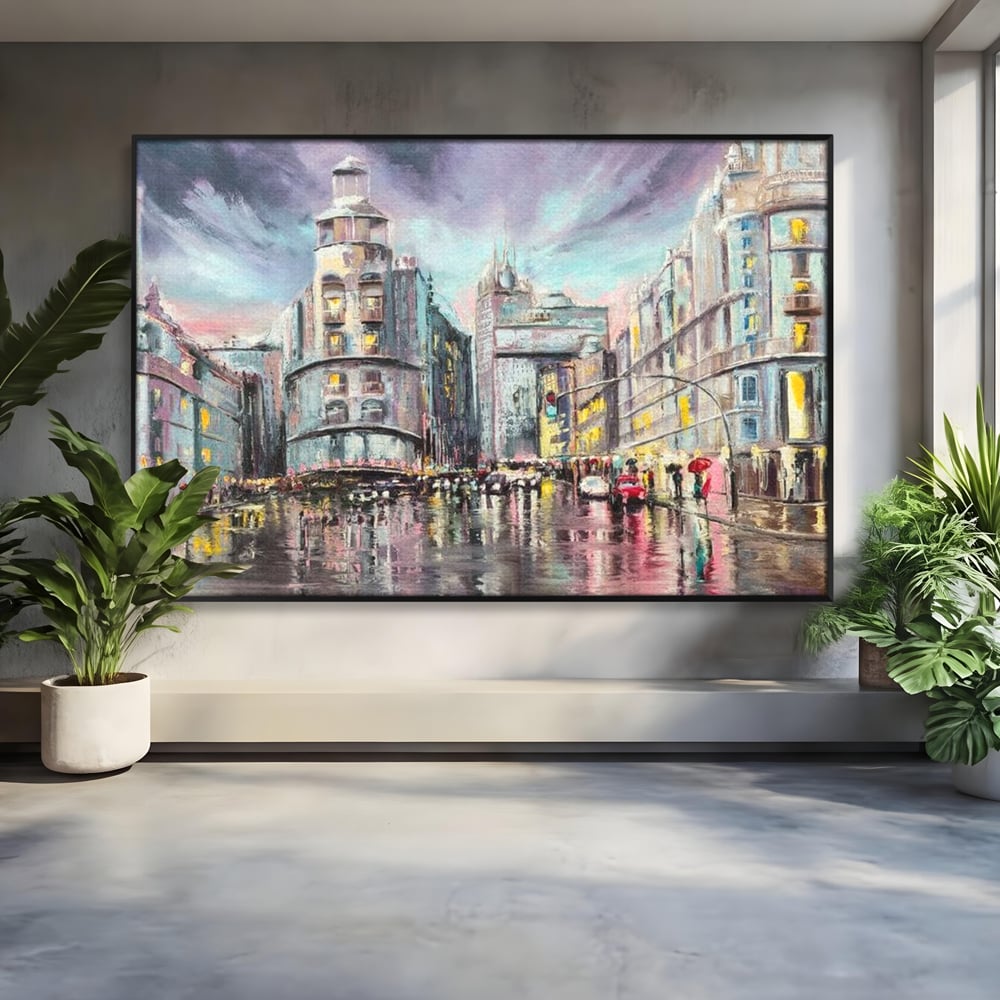 Tablou canvas cu pictura urbana cu strada ploioasa, in rama de aluminiu negru