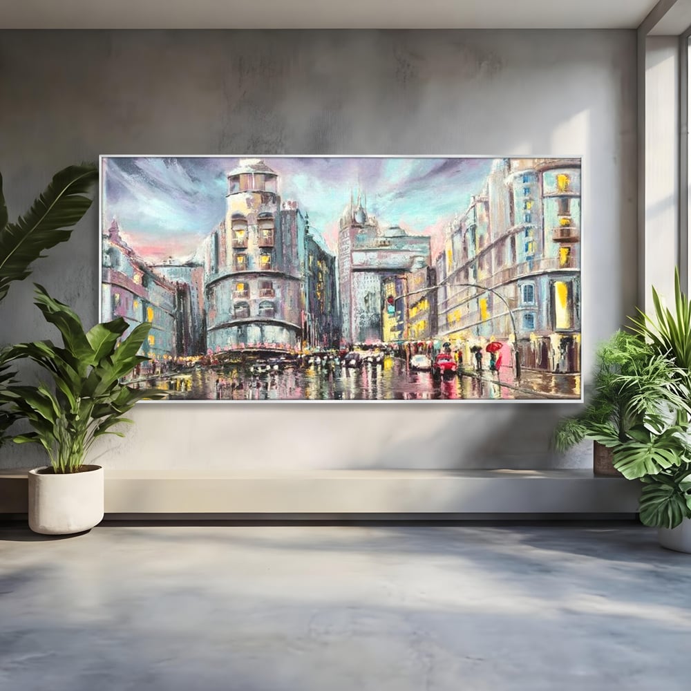 Tablou canvas cu pictura urbana cu strada ploioasa, in rama de aluminiu argintiu