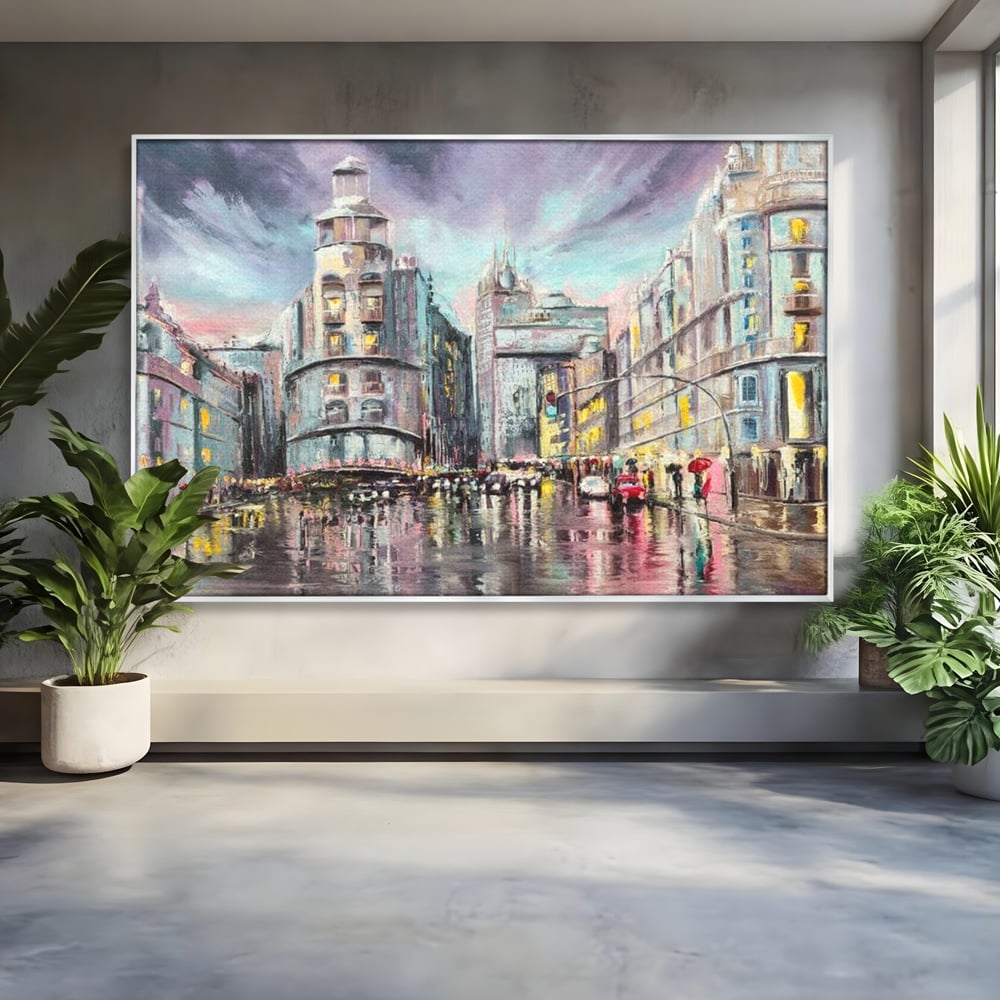 Tablou canvas cu pictura urbana cu strada ploioasa, in rama de aluminiu argintiu