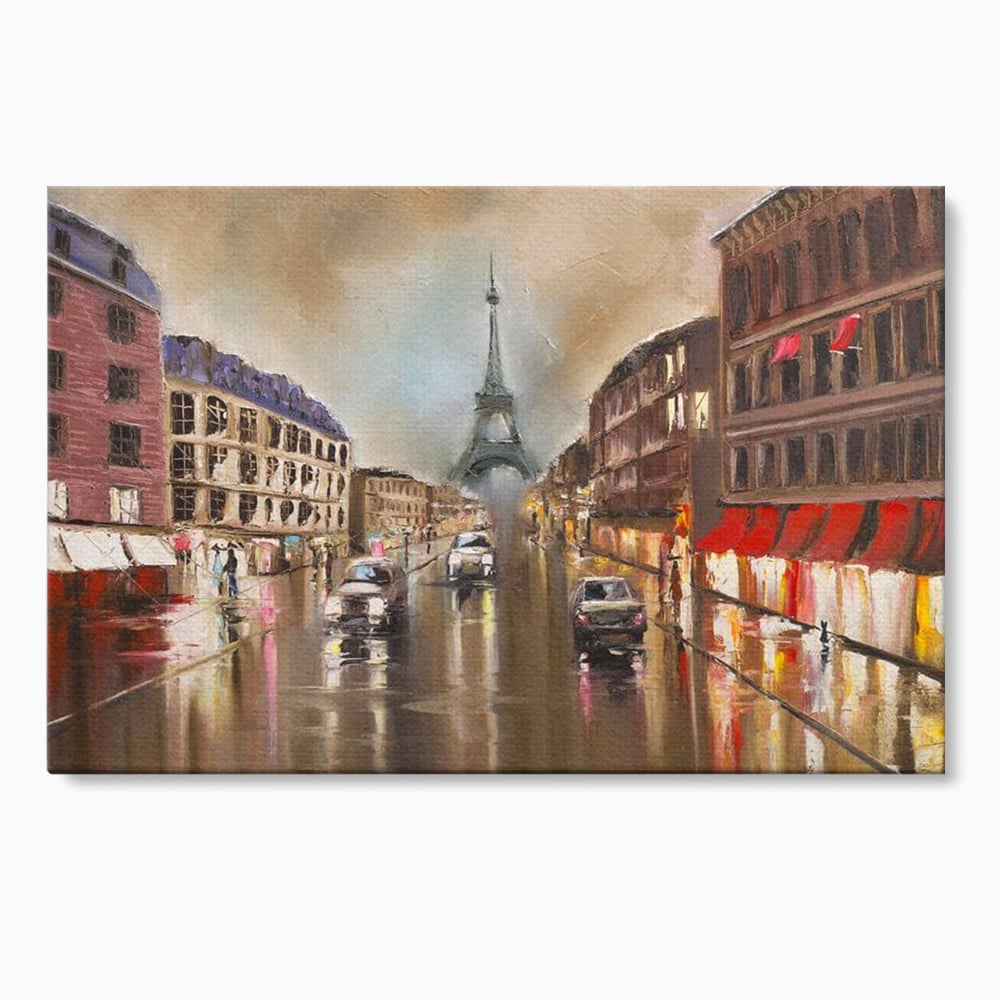 Tablou canvas cu pictura stradala cu turnul eiffel in ploaie, fara rama, pe sasiu de lemn