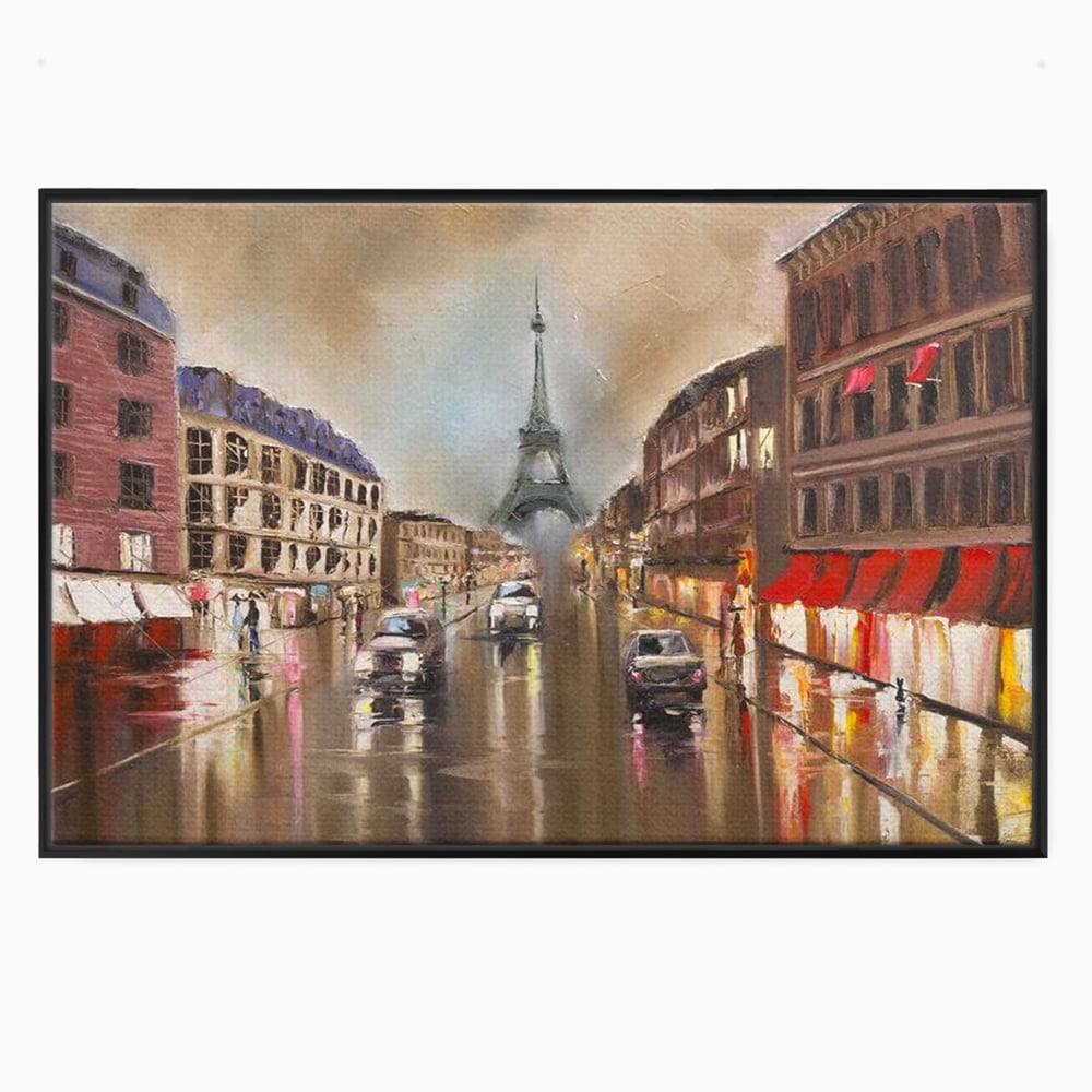 Tablou canvas cu pictura stradala cu turnul eiffel in ploaie, in rama de aluminiu negru