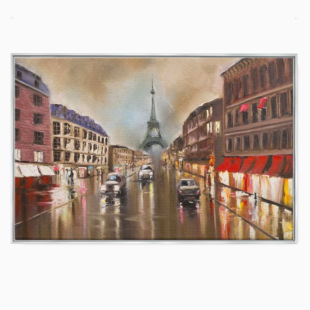 Tablou canvas cu pictura stradala cu turnul eiffel in ploaie, in rama de aluminiu argintiu