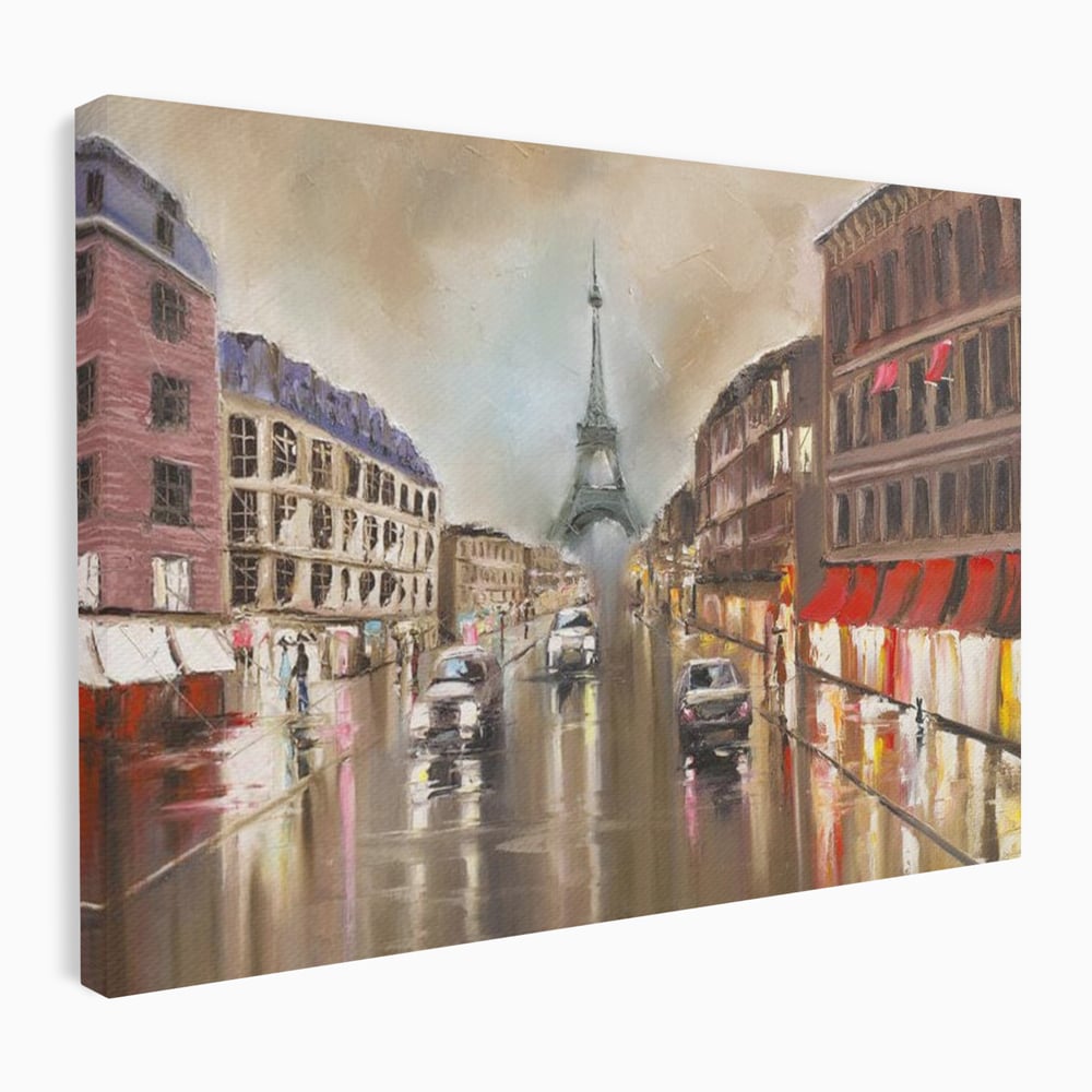 Tablou canvas cu pictura stradala cu turnul eiffel in ploaie, fara rama, pe sasiu de lemn