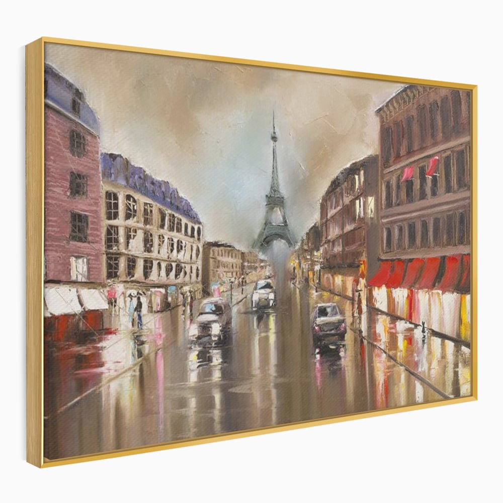 Tablou canvas cu pictura stradala cu turnul eiffel in ploaie, in rama de aluminiu auriu