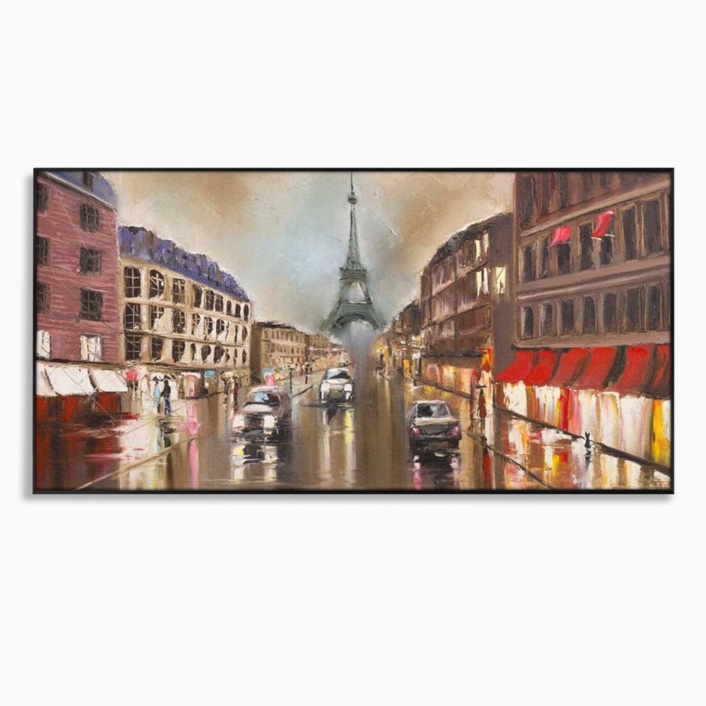 Tablou canvas cu pictura stradala cu turnul eiffel in ploaie, in rama de aluminiu negru