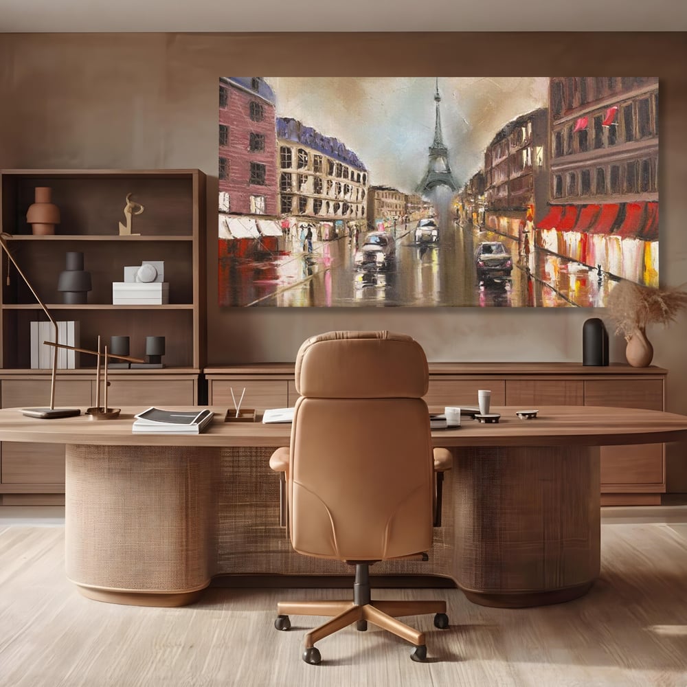 Tablou canvas cu pictura stradala cu turnul eiffel in ploaie, fara rama, pe sasiu de lemn, pe perete intr-un birou