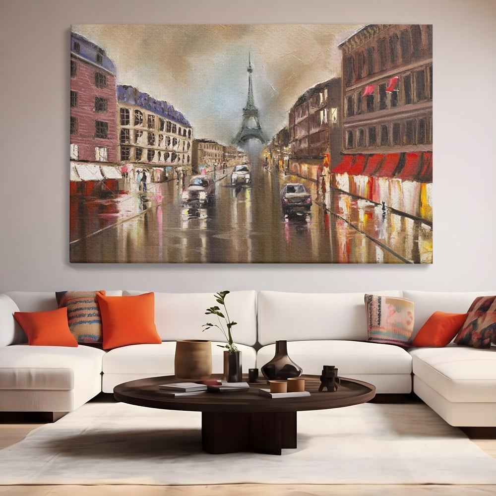 Tablou canvas cu pictura stradala cu turnul eiffel in ploaie, fara rama, pe sasiu de lemn, pe perete intr-un living