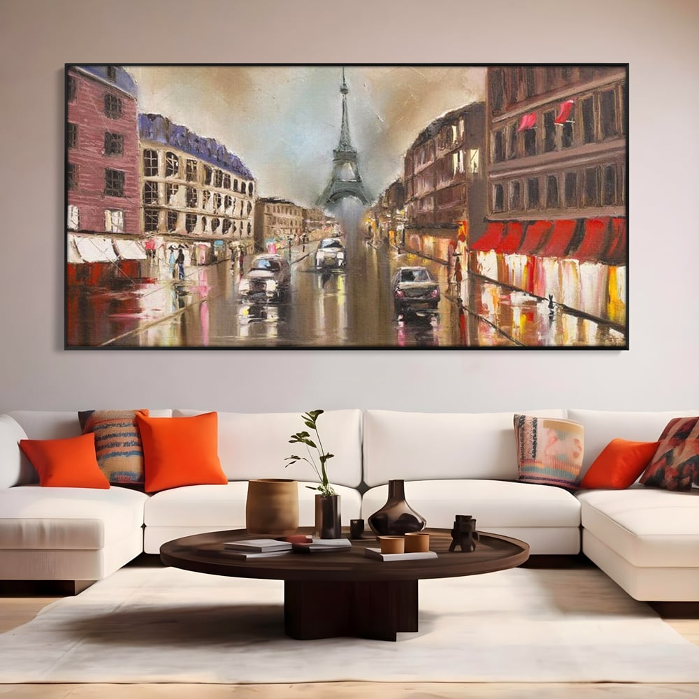 Tablou canvas cu pictura stradala cu turnul eiffel in ploaie, in rama de aluminiu negru, pe perete intr-un living