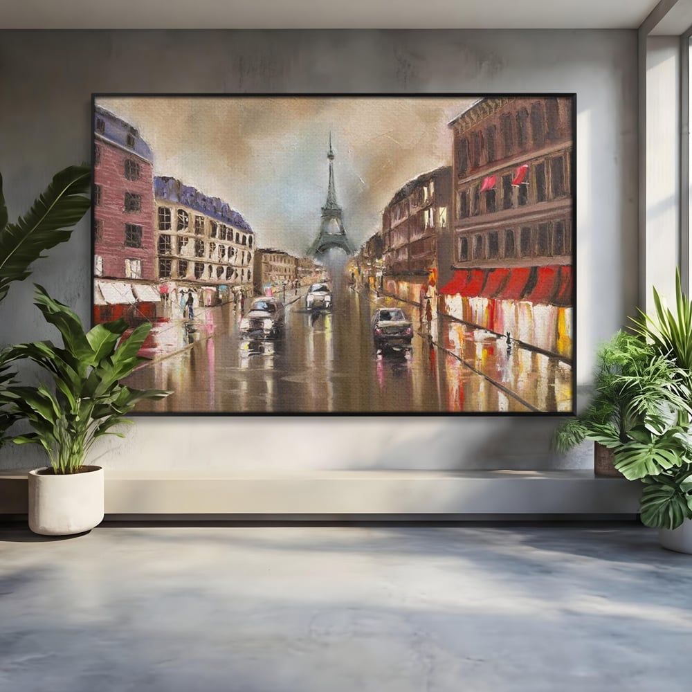 Tablou canvas cu pictura stradala cu turnul eiffel in ploaie, in rama de aluminiu negru