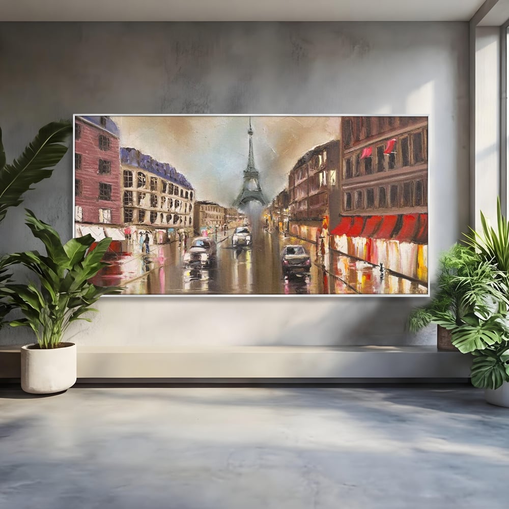 Tablou canvas cu pictura stradala cu turnul eiffel in ploaie, in rama de aluminiu argintiu