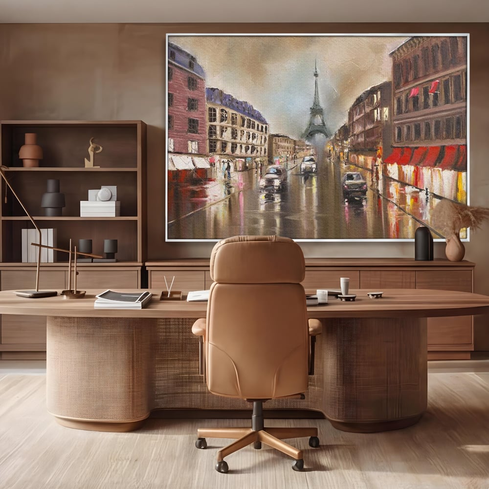 Tablou canvas cu pictura stradala cu turnul eiffel in ploaie, in rama de aluminiu argintiu, pe perete intr-un birou