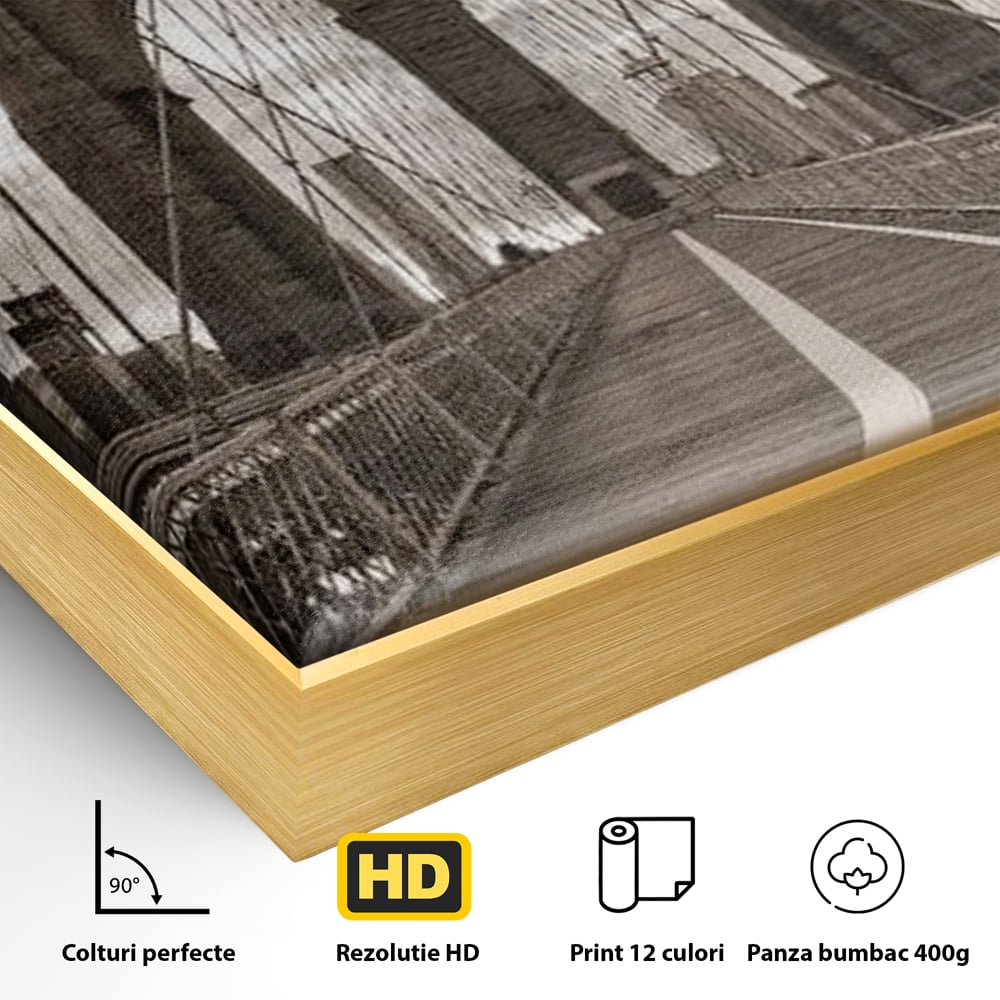 Detaliu al suprafetei: fotografie verticala cu podul din new york, in rama de aluminiu auriu