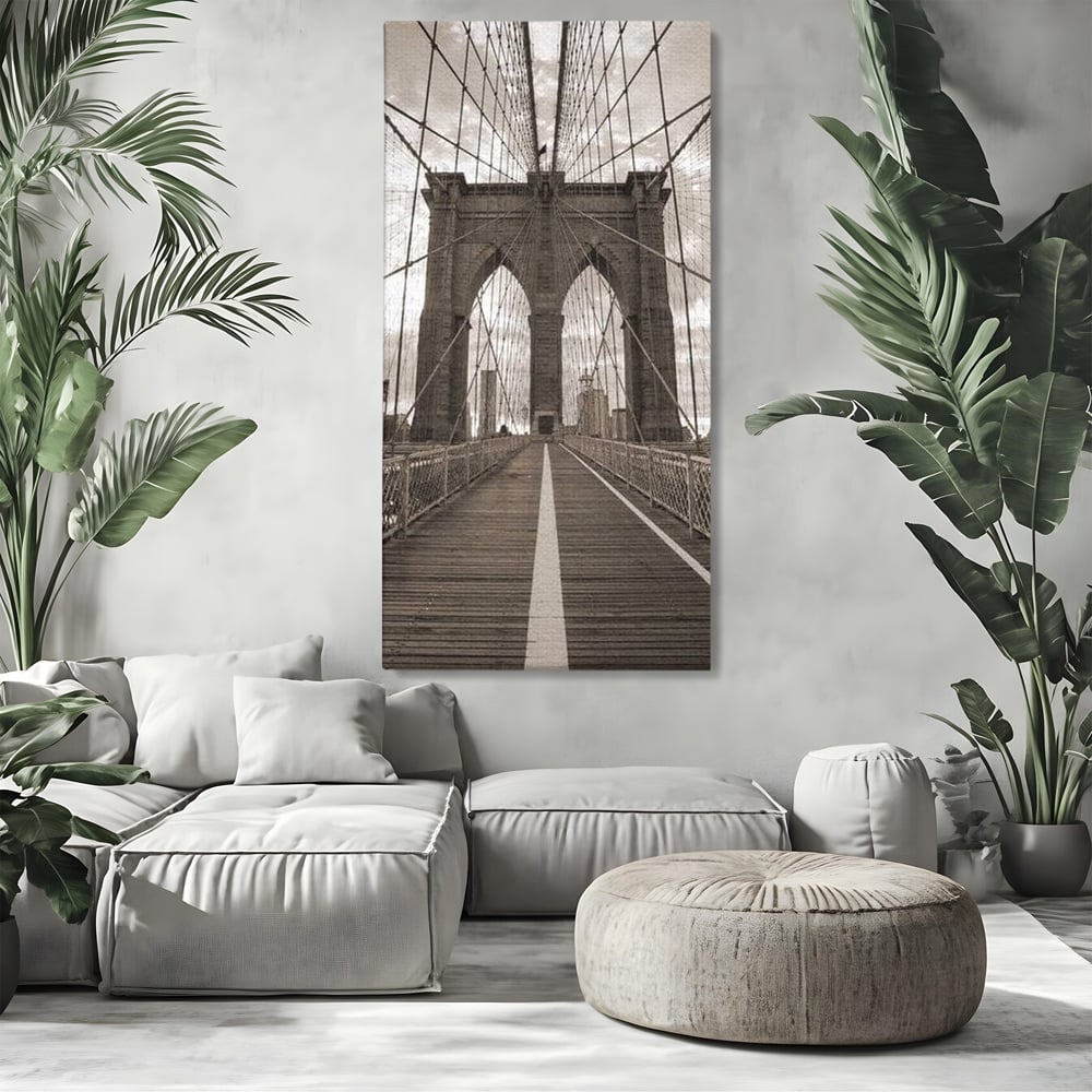 Tablou canvas cu fotografie verticala cu podul din new york, fara rama, pe sasiu de lemn, pe perete intr-un living