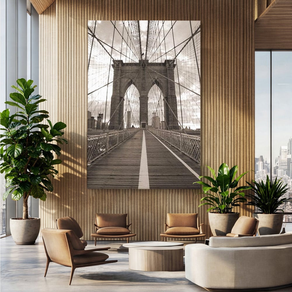 Tablou canvas cu fotografie verticala cu podul din new york, fara rama, pe sasiu de lemn, pe perete intr-un birou
