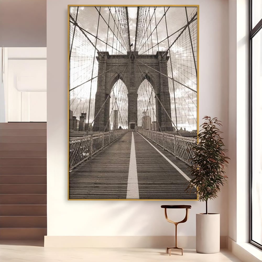 Tablou canvas cu fotografie verticala cu podul din new york, in rama de aluminiu auriu