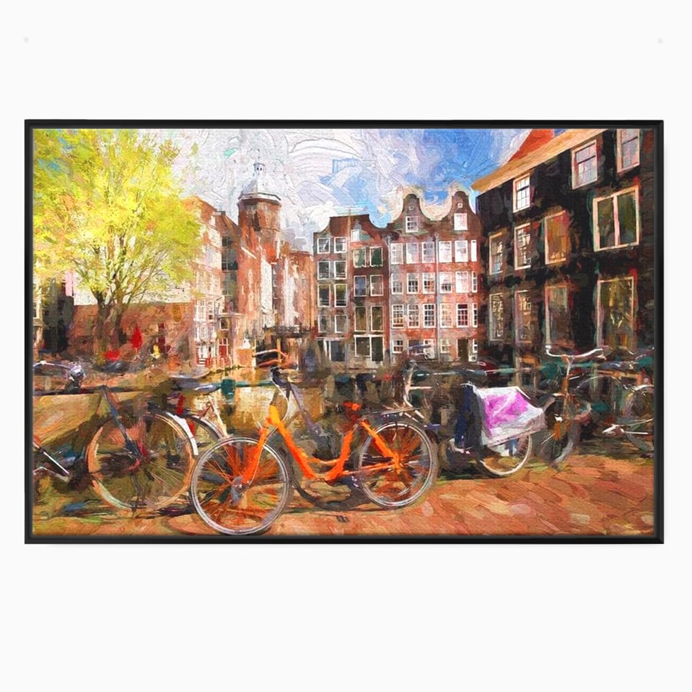 Tablou canvas cu pictura stradala cu bicicleta portocalie, in rama de aluminiu negru