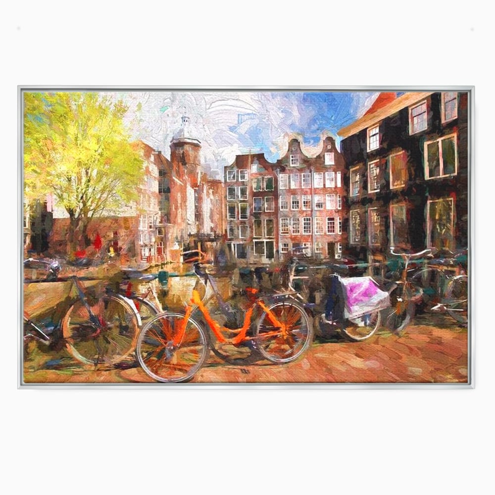 Tablou canvas cu pictura stradala cu bicicleta portocalie, in rama de aluminiu argintiu