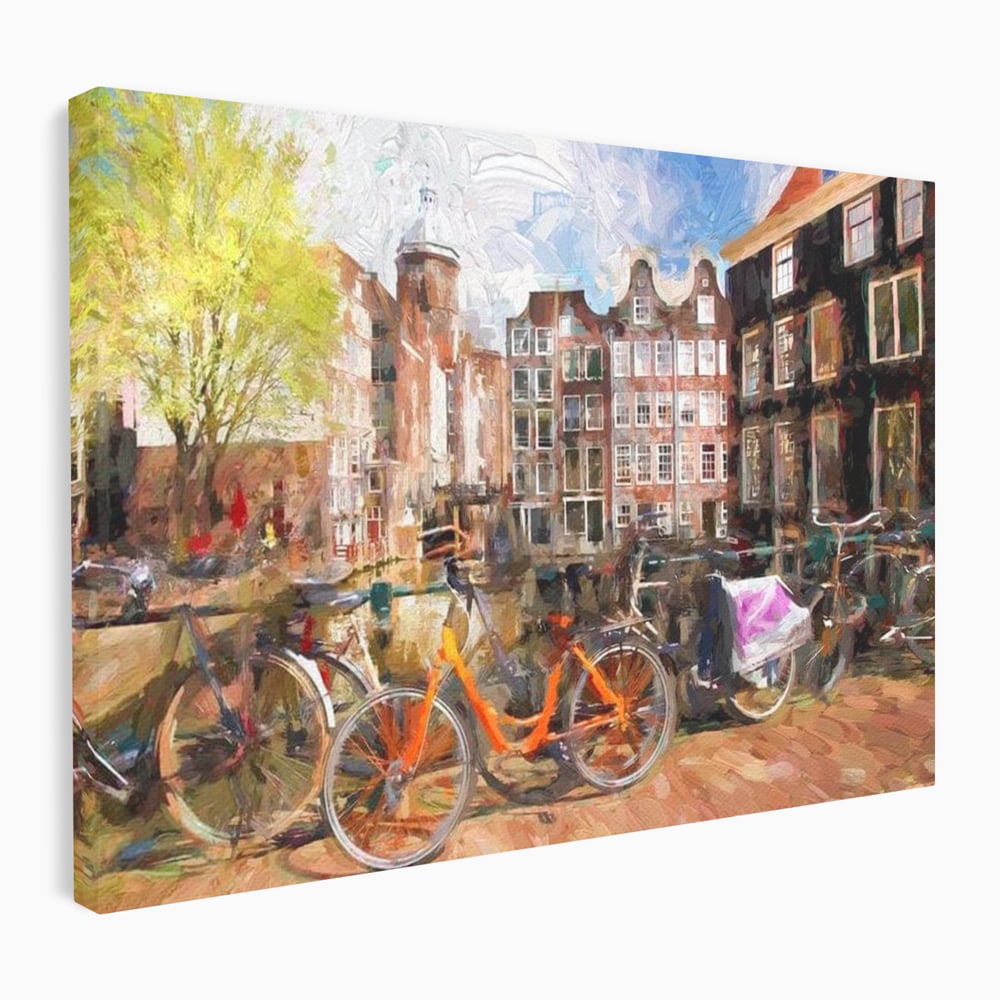 Tablou canvas cu pictura stradala cu bicicleta portocalie, fara rama, pe sasiu de lemn