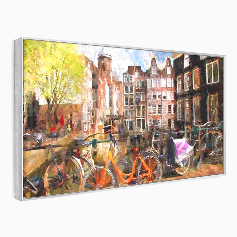 Tablou canvas cu pictura stradala cu bicicleta portocalie, in rama de aluminiu argintiu