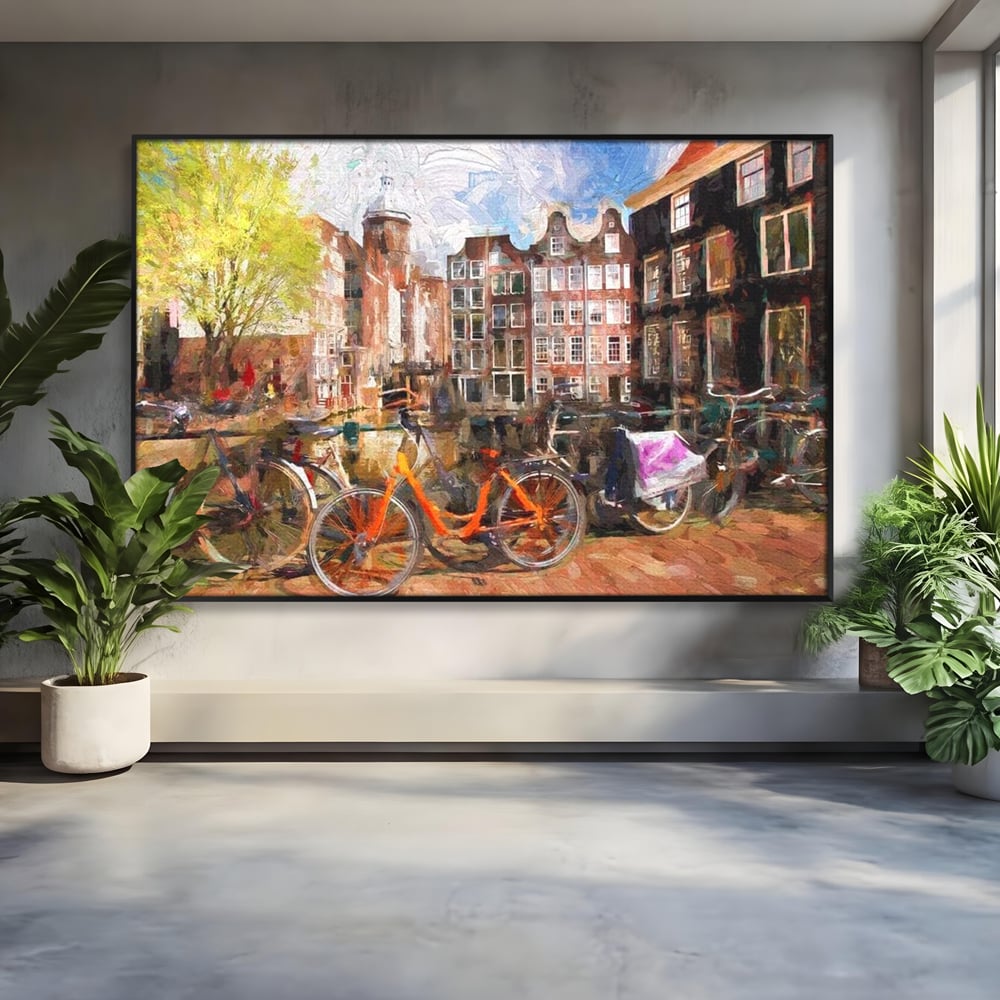 Tablou canvas cu pictura stradala cu bicicleta portocalie, in rama de aluminiu negru