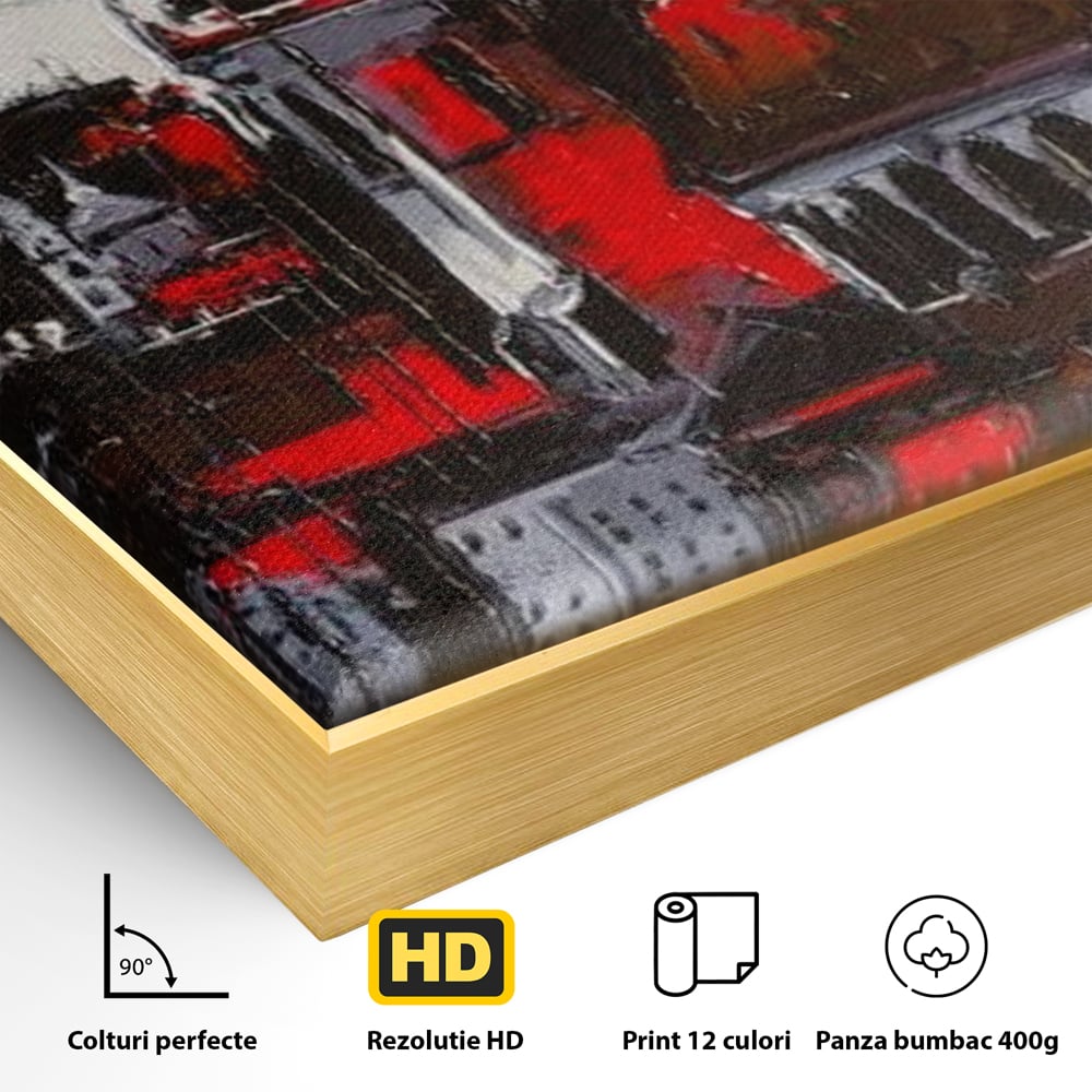 Detaliu al suprafetei: pictura canvas cu turle gotice si accente rosii, in rama de aluminiu auriu