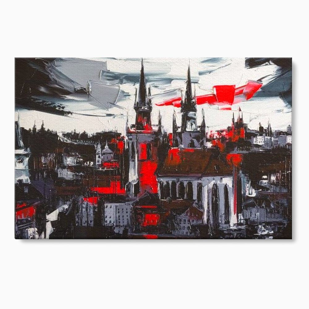 Tablou canvas cu pictura canvas cu turle gotice si accente rosii, fara rama, pe sasiu de lemn