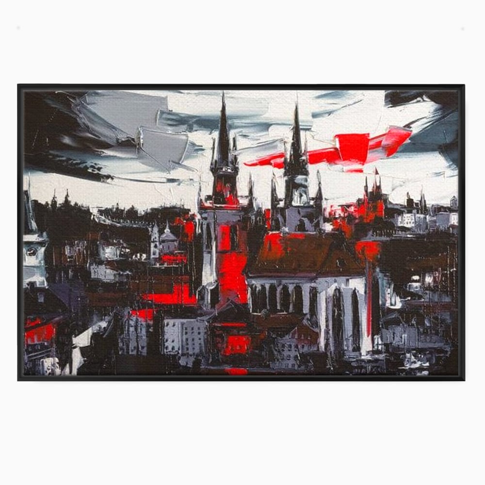 Tablou canvas cu pictura canvas cu turle gotice si accente rosii, in rama de aluminiu negru