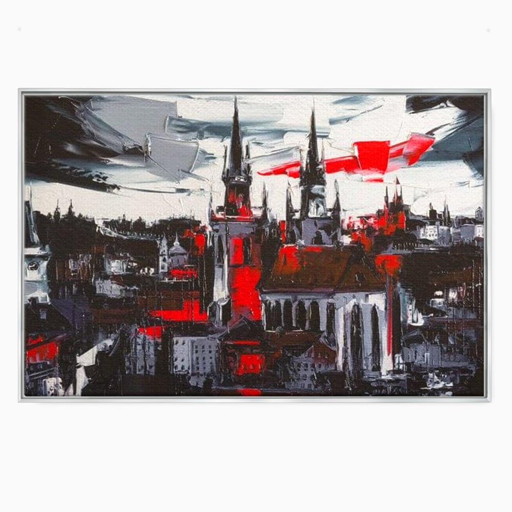 Tablou canvas cu pictura canvas cu turle gotice si accente rosii, in rama de aluminiu argintiu