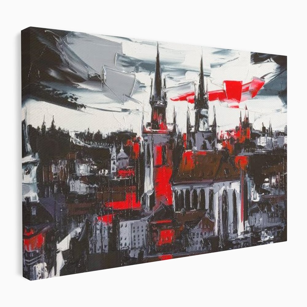 Tablou canvas cu pictura canvas cu turle gotice si accente rosii, fara rama, pe sasiu de lemn