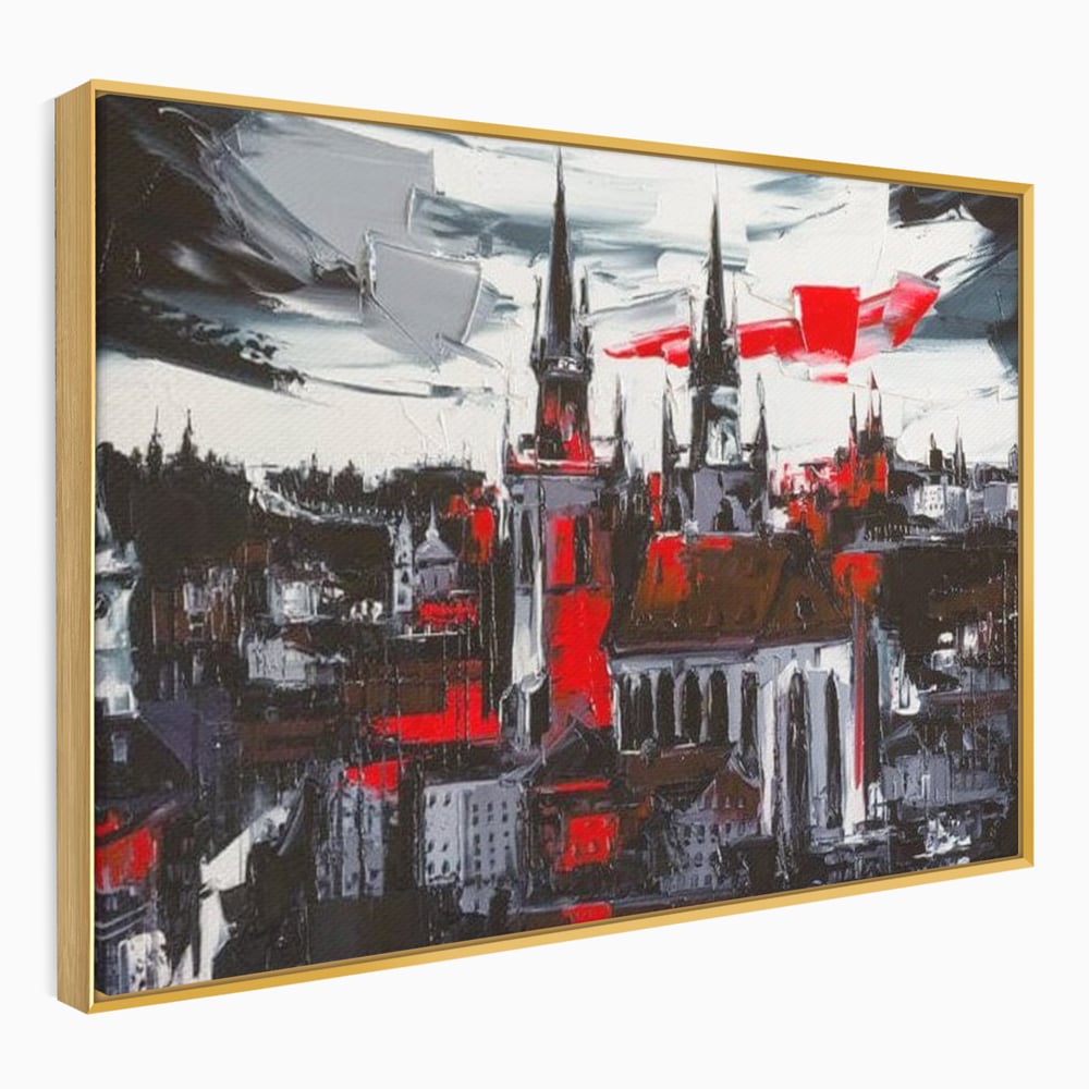 Tablou canvas cu pictura canvas cu turle gotice si accente rosii, in rama de aluminiu auriu