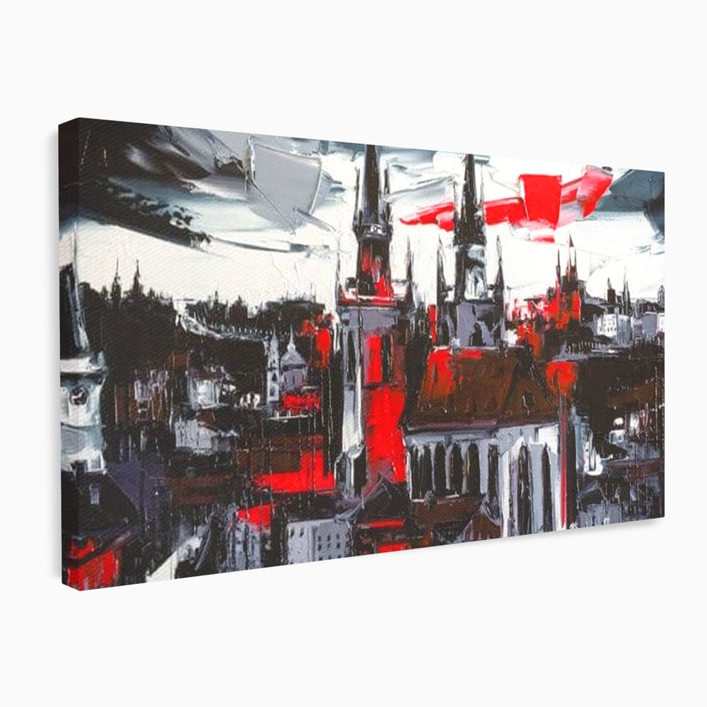 Tablou canvas cu pictura canvas cu turle gotice si accente rosii, fara rama, pe sasiu de lemn