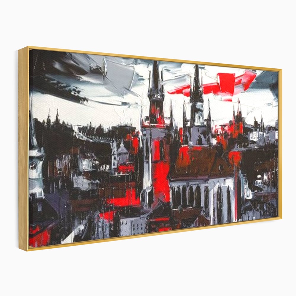 Tablou canvas cu pictura canvas cu turle gotice si accente rosii, in rama de aluminiu auriu