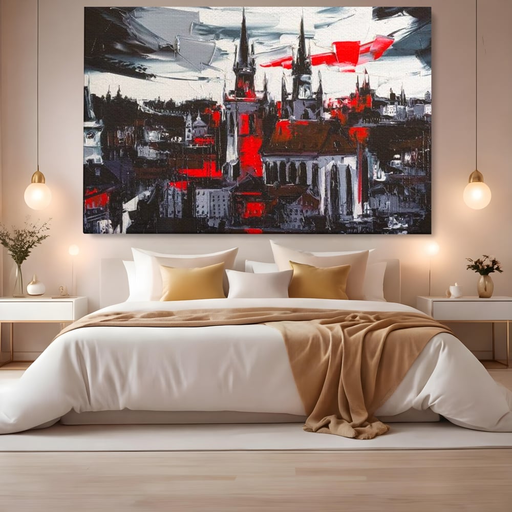 Tablou canvas cu pictura canvas cu turle gotice si accente rosii, fara rama, pe sasiu de lemn, pe perete intr-un dormitor