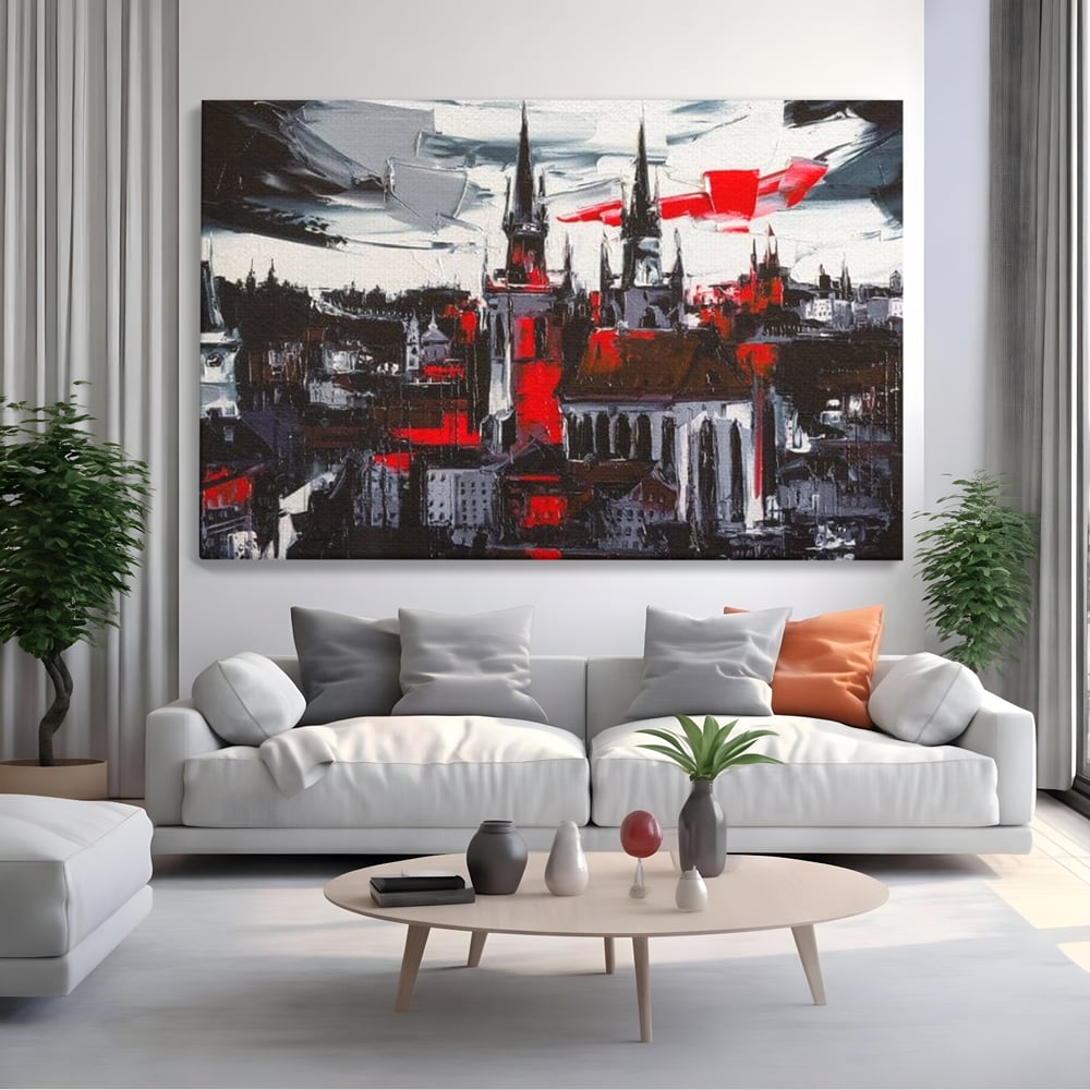 Tablou canvas cu pictura canvas cu turle gotice si accente rosii, fara rama, pe sasiu de lemn, pe perete intr-un living