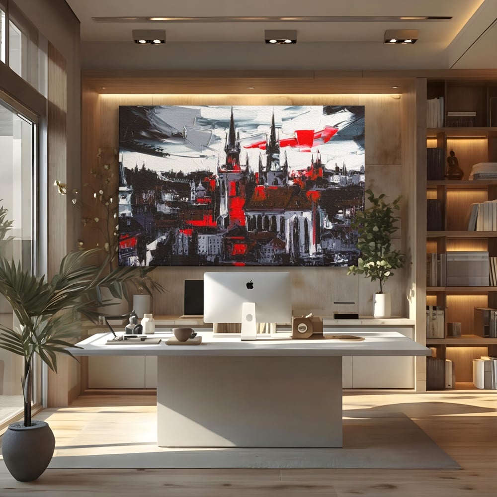 Tablou canvas cu pictura canvas cu turle gotice si accente rosii, fara rama, pe sasiu de lemn, pe perete intr-un birou