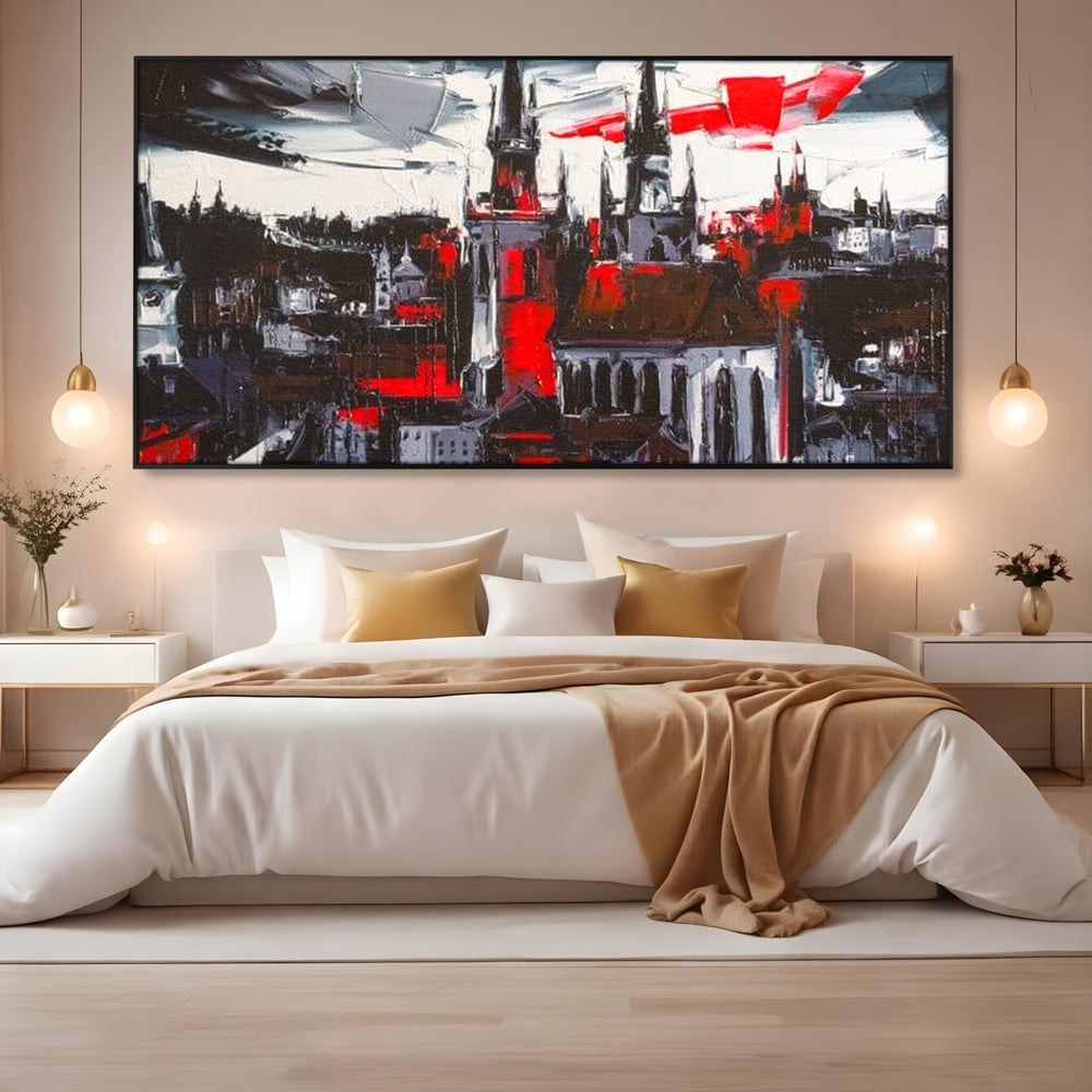 Tablou canvas cu pictura canvas cu turle gotice si accente rosii, in rama de aluminiu negru, pe perete intr-un dormitor