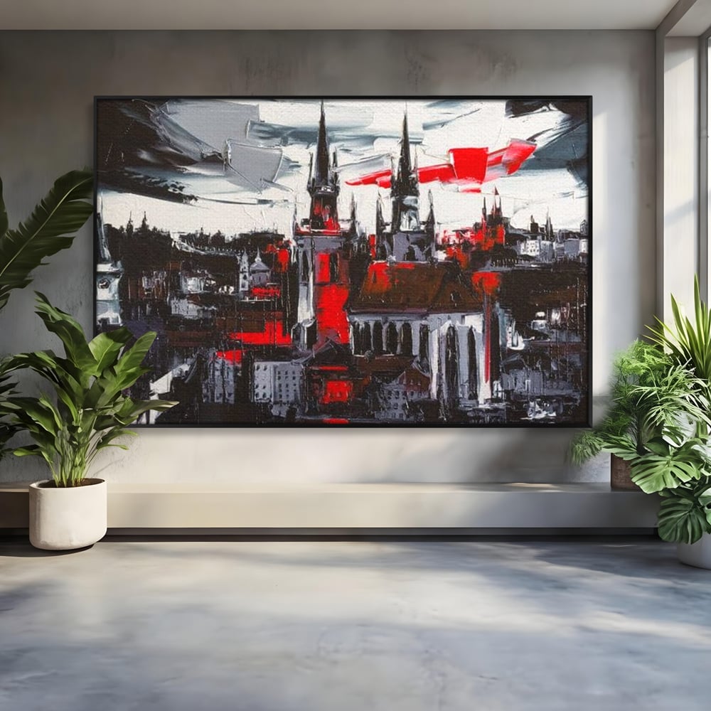 Tablou canvas cu pictura canvas cu turle gotice si accente rosii, in rama de aluminiu negru
