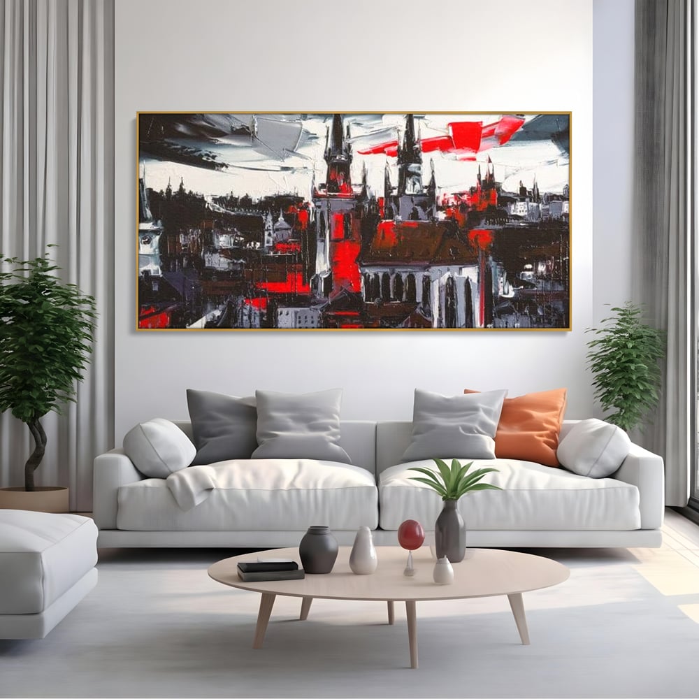 Tablou canvas cu pictura canvas cu turle gotice si accente rosii, in rama de aluminiu auriu, pe perete intr-un living