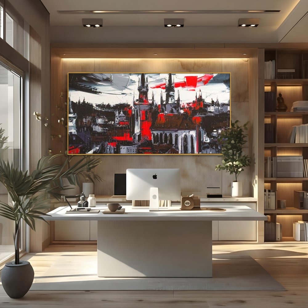 Tablou canvas cu pictura canvas cu turle gotice si accente rosii, in rama de aluminiu auriu, pe perete intr-un birou