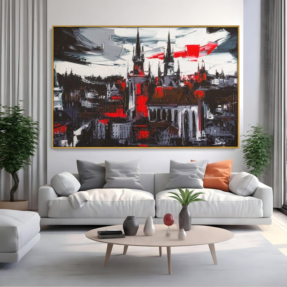 Tablou canvas cu pictura canvas cu turle gotice si accente rosii, in rama de aluminiu auriu, pe perete intr-un living