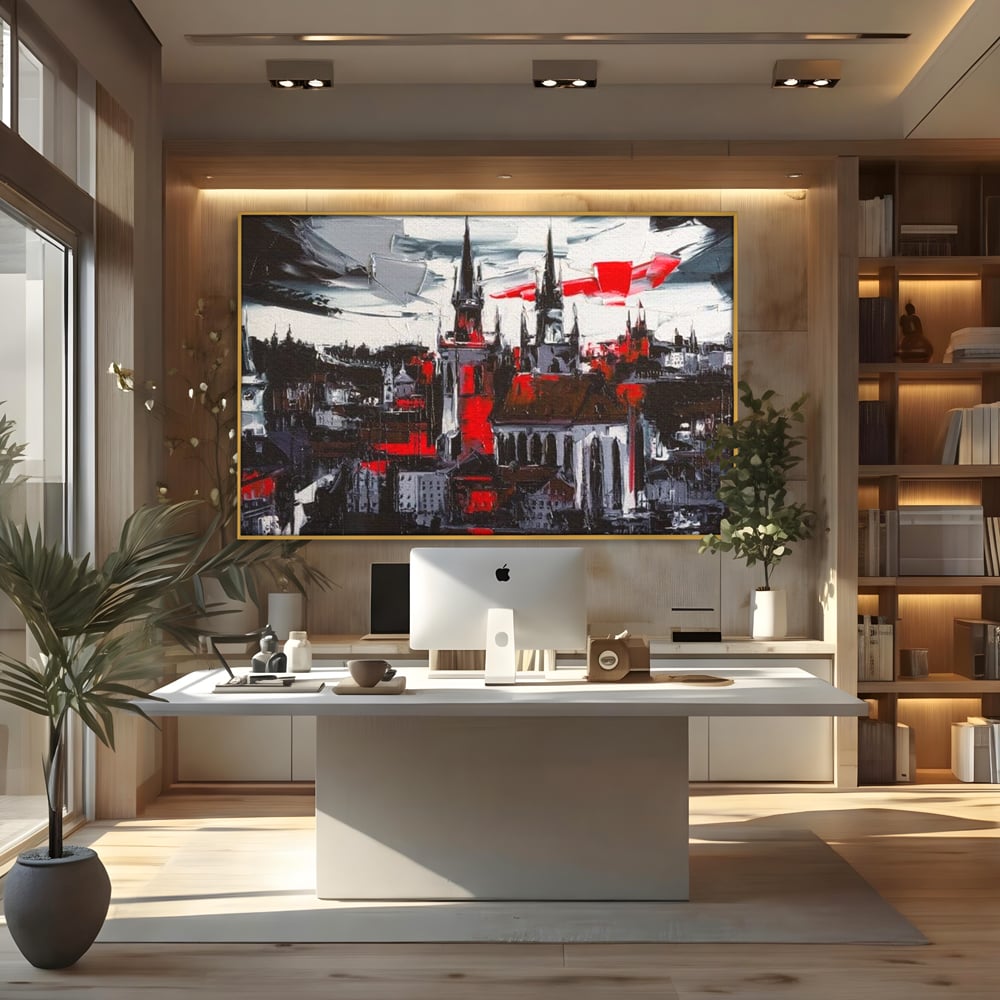 Tablou canvas cu pictura canvas cu turle gotice si accente rosii, in rama de aluminiu auriu, pe perete intr-un birou