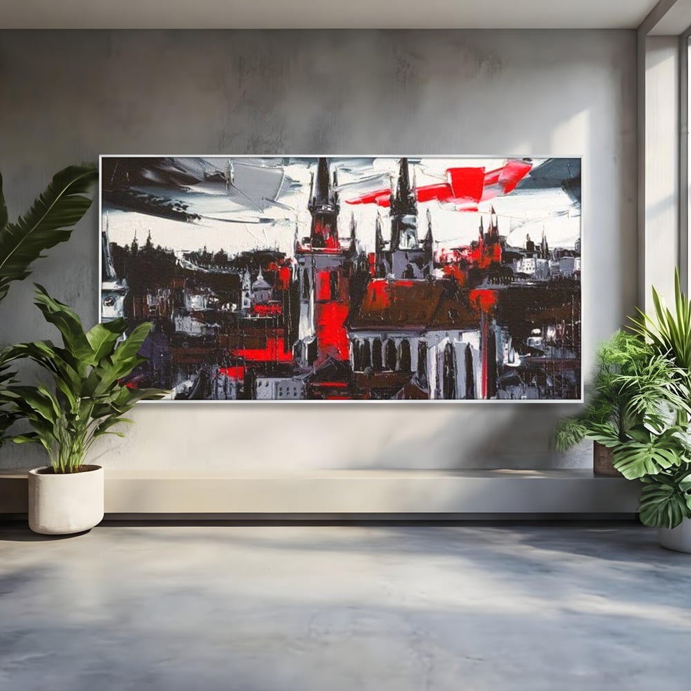 Tablou canvas cu pictura canvas cu turle gotice si accente rosii, in rama de aluminiu argintiu