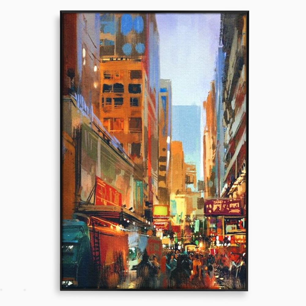 Tablou canvas cu pictura urbana cu strada din new york, in rama de aluminiu negru
