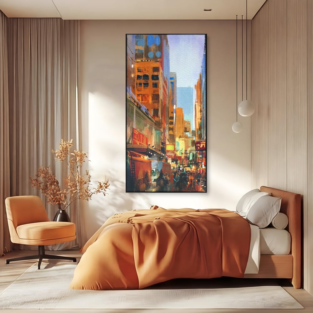 Tablou canvas cu pictura urbana cu strada din new york, in rama de aluminiu negru, pe perete intr-un dormitor
