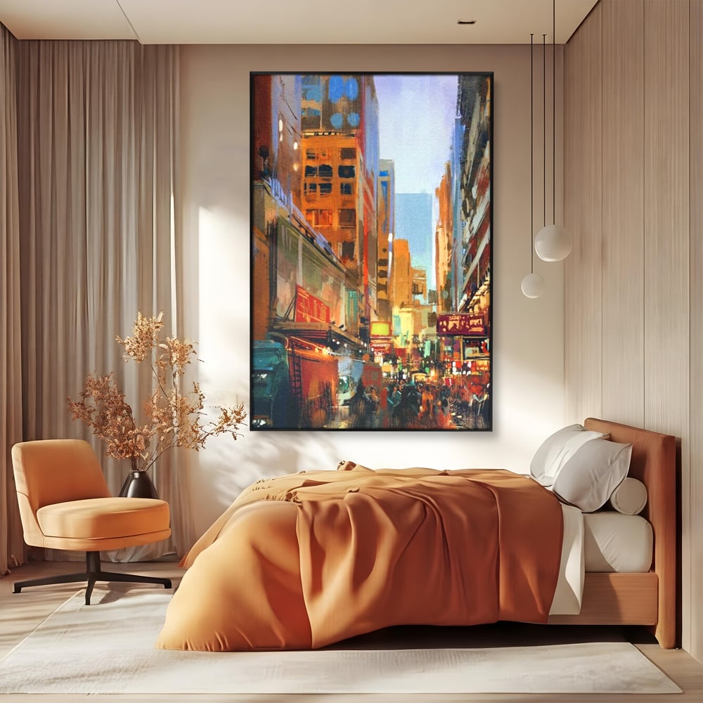 Tablou canvas cu pictura urbana cu strada din new york, in rama de aluminiu negru, pe perete intr-un dormitor