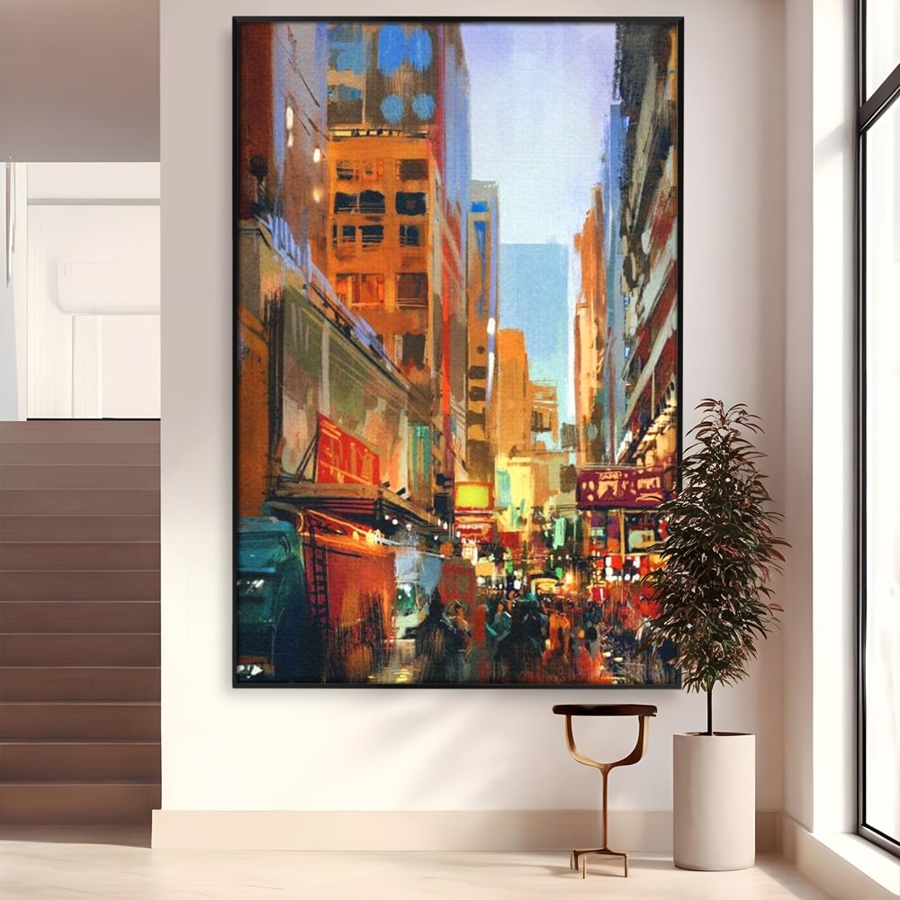 Tablou canvas cu pictura urbana cu strada din new york, in rama de aluminiu negru