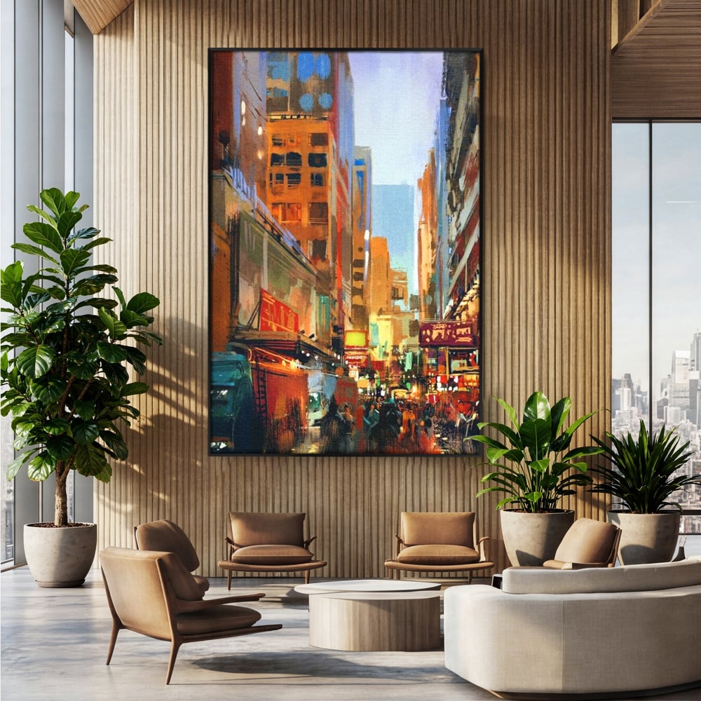 Tablou canvas cu pictura urbana cu strada din new york, in rama de aluminiu negru, pe perete intr-un birou