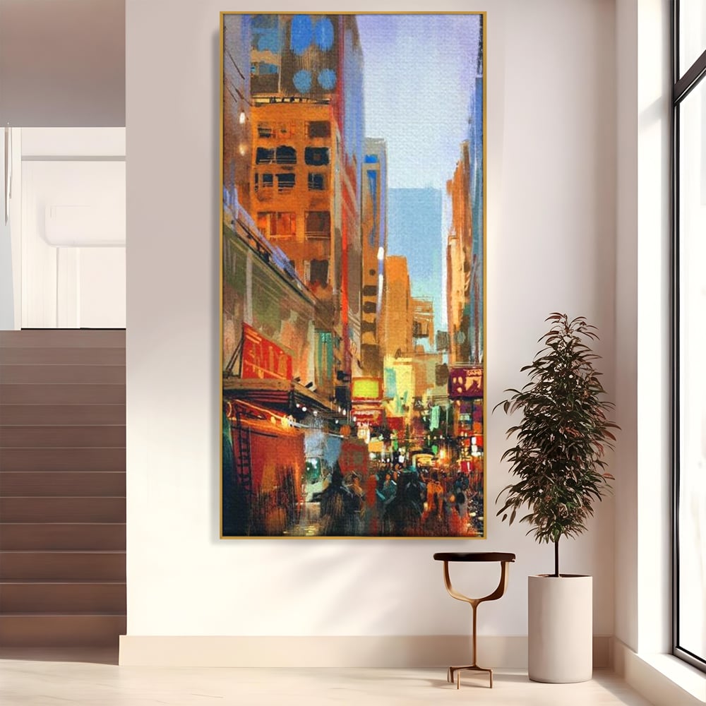 Tablou canvas cu pictura urbana cu strada din new york, in rama de aluminiu auriu